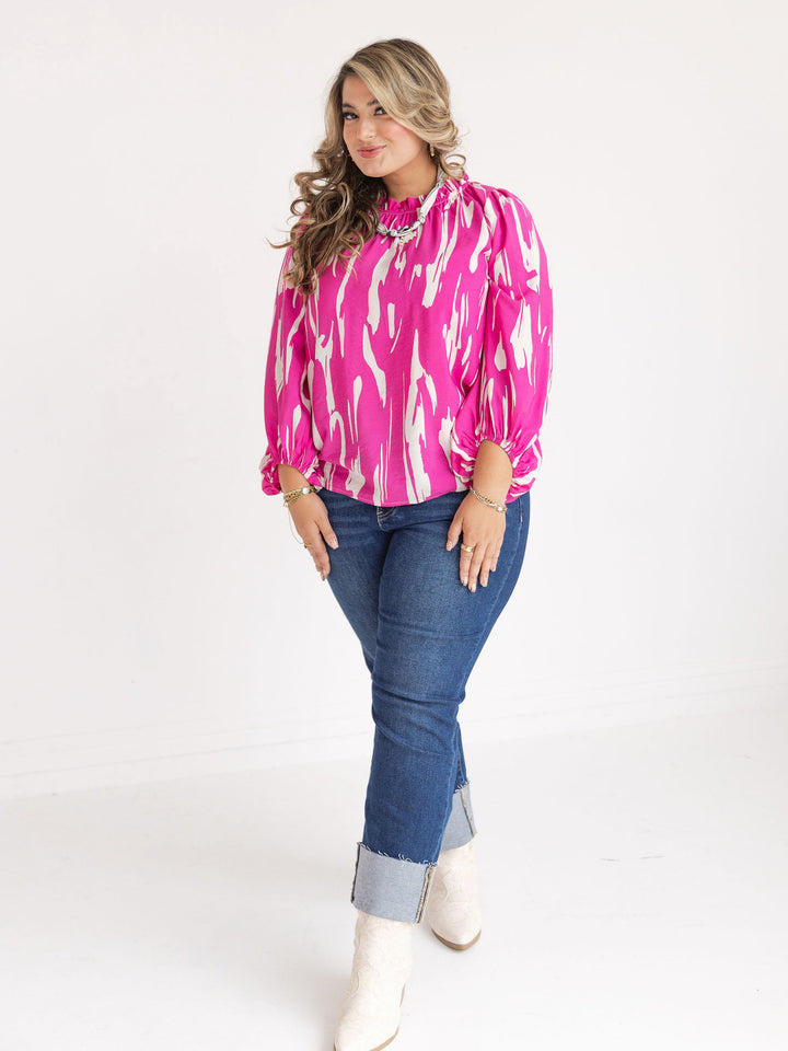 Abby Abstract Ruffle Neck Blouse