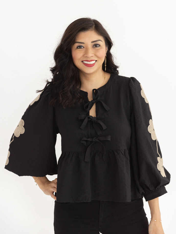 Boho Bowtie Embroidered Blouse