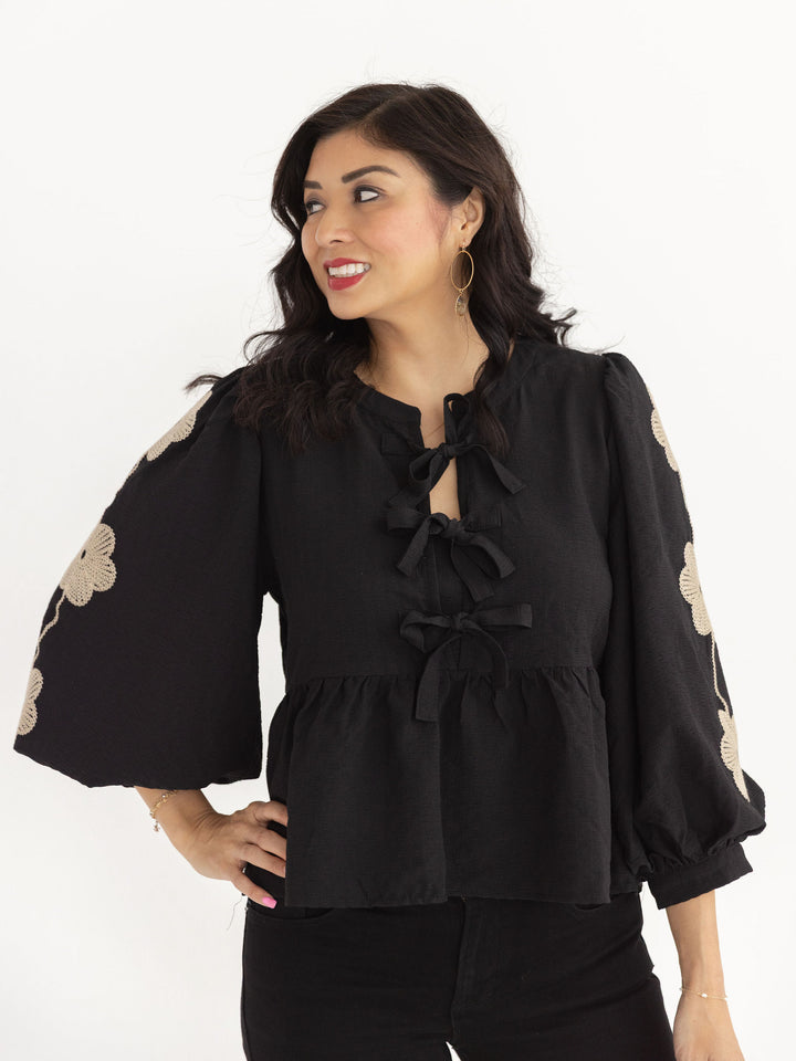 Boho Bowtie Embroidered Blouse