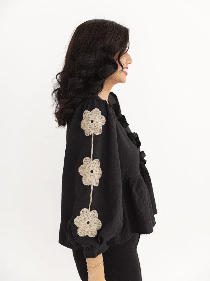 Boho Bowtie Embroidered Blouse