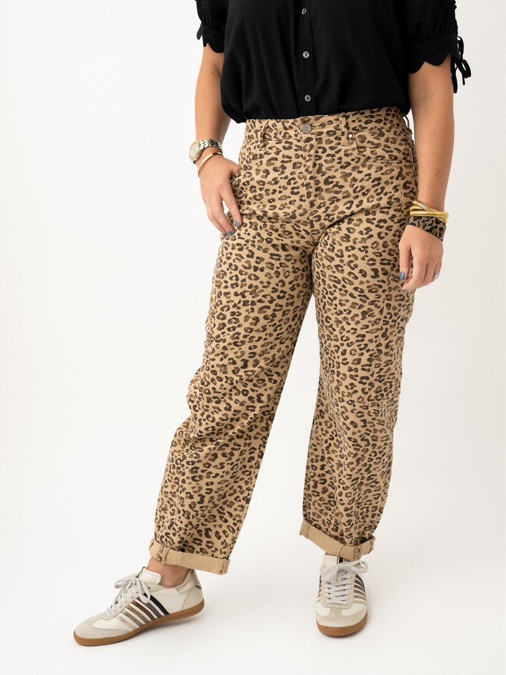 Risen High Rise Crop Barrel Leopard Cuffed Jeans