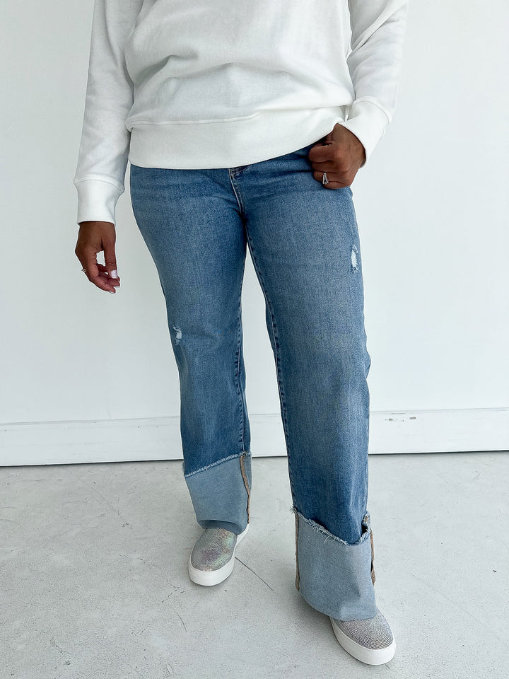 Risen High Rise Ankle Wide-Cuffed Jeans