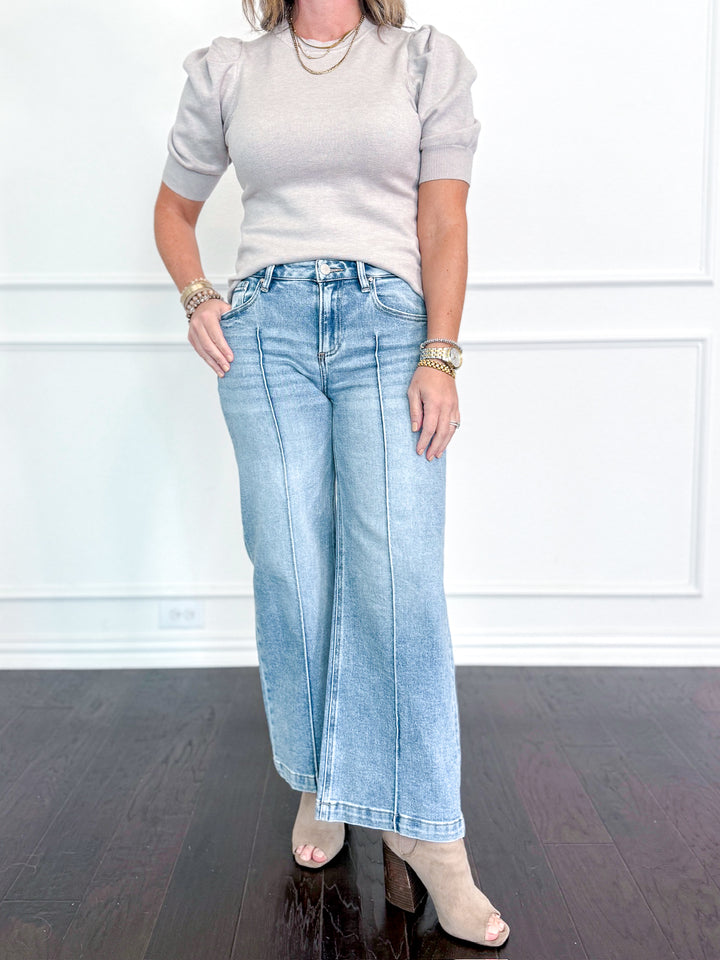 Risen Mid Rise Crop Wide Pintuck Detailed Jeans