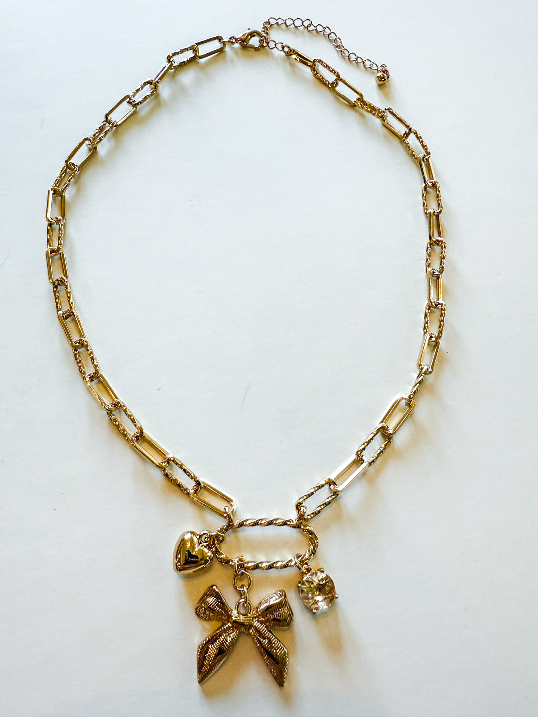 Bow, Crystal & Heart Charm Necklace