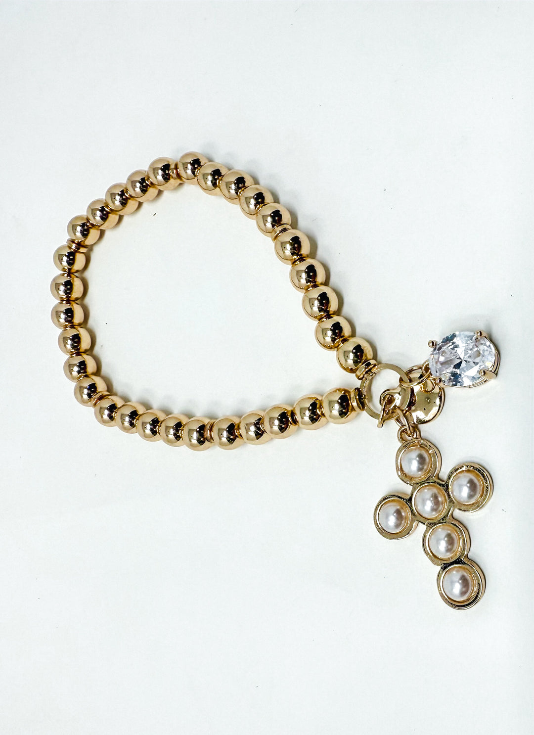 Gold Bead Stretch Bracelet with Pearl Cross