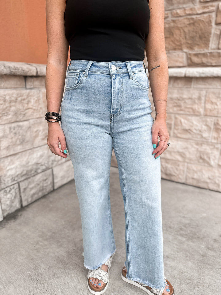 Risen High Rise Frayed Ankle Wide Jeans