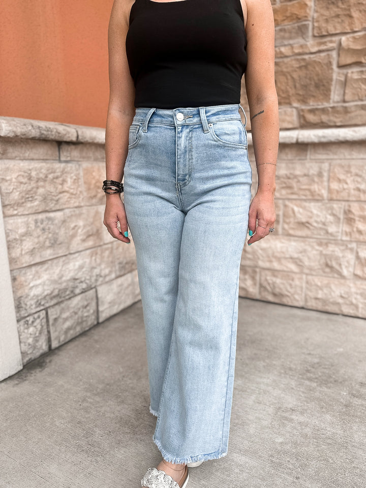Risen High Rise Frayed Ankle Wide Jeans
