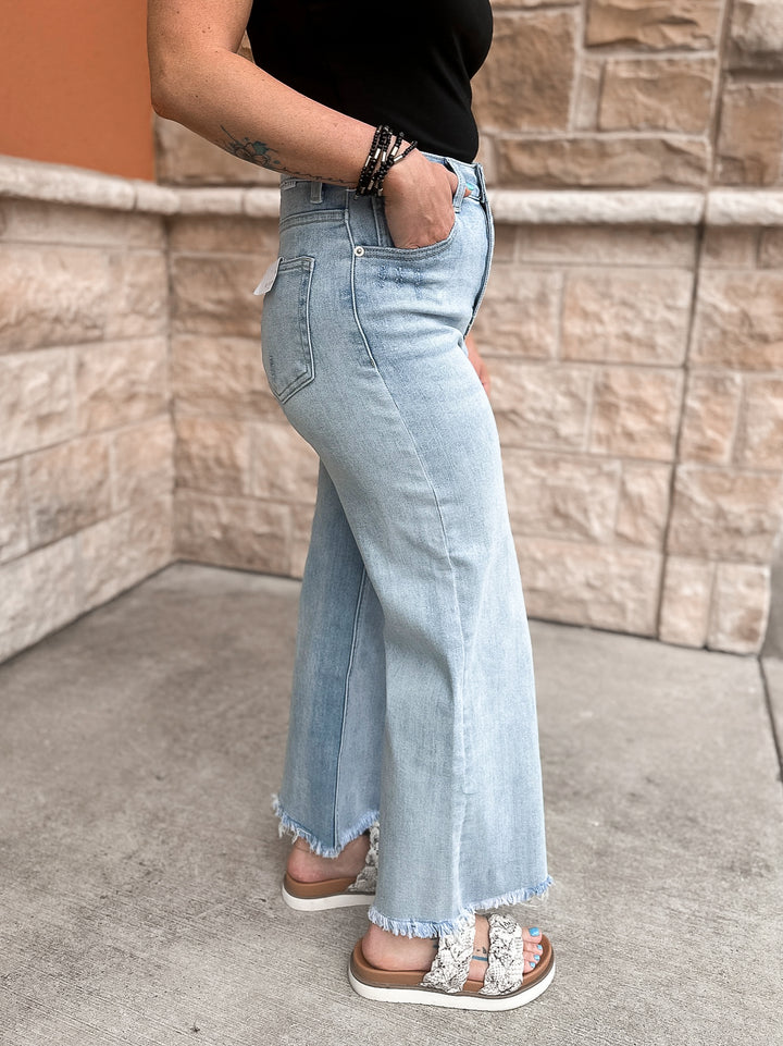 Risen High Rise Frayed Ankle Wide Jeans