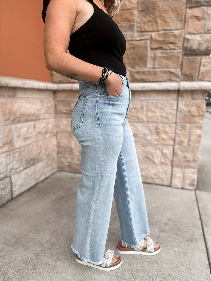 Risen High Rise Frayed Ankle Wide Jeans