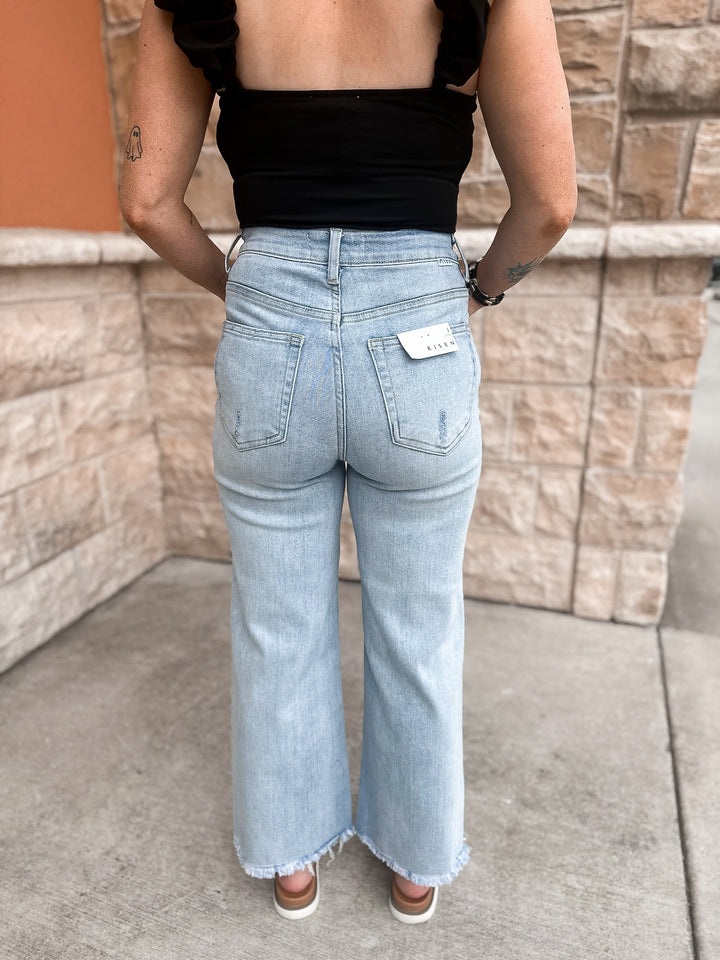 Risen High Rise Frayed Ankle Wide Jeans