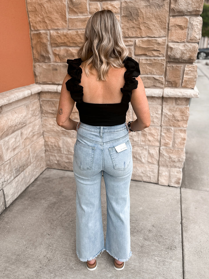 Risen High Rise Frayed Ankle Wide Jeans