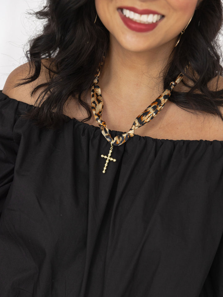 Cheetah Knotted Scarf Necklace with Cross
