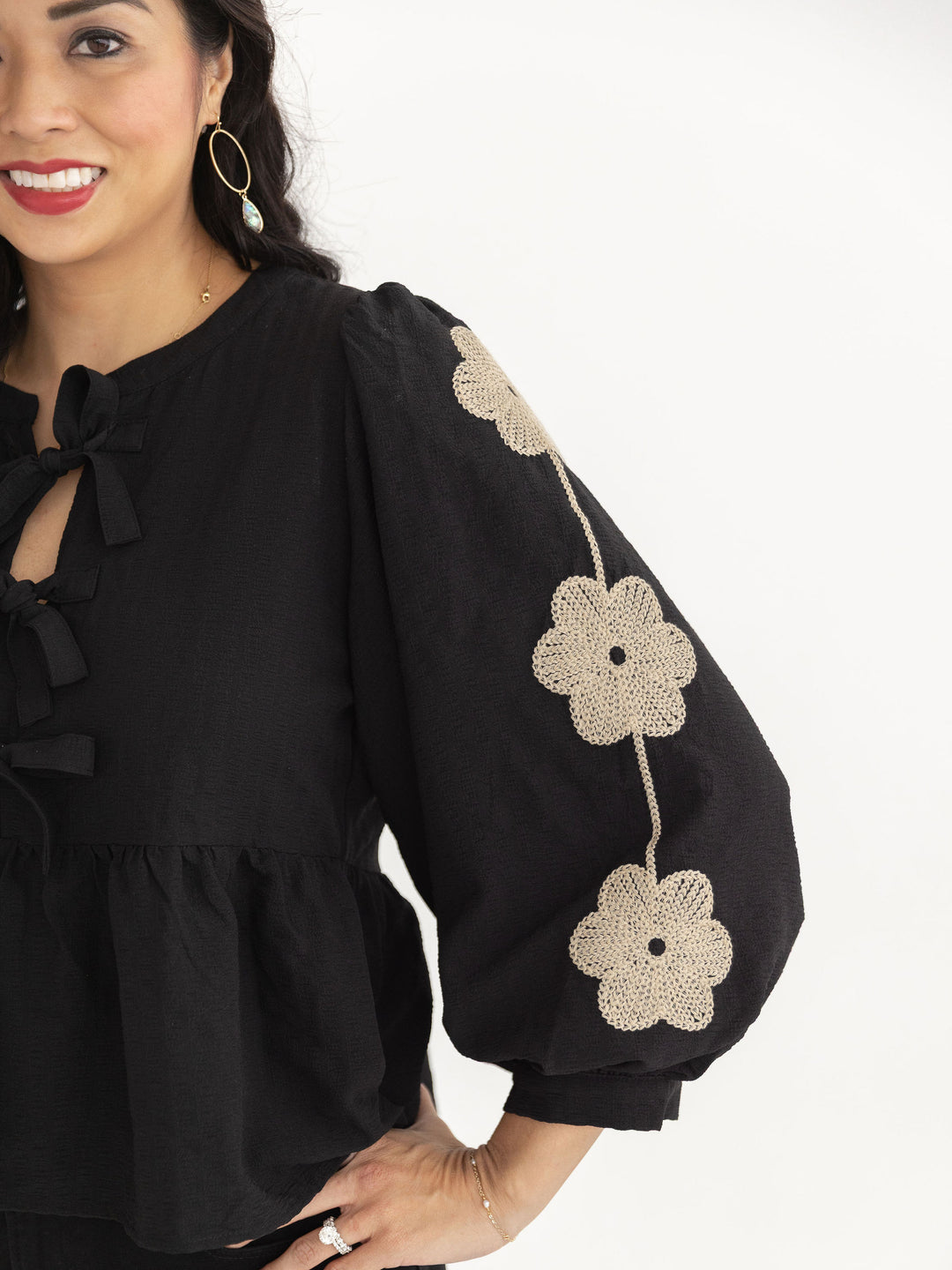 Boho Bowtie Embroidered Blouse