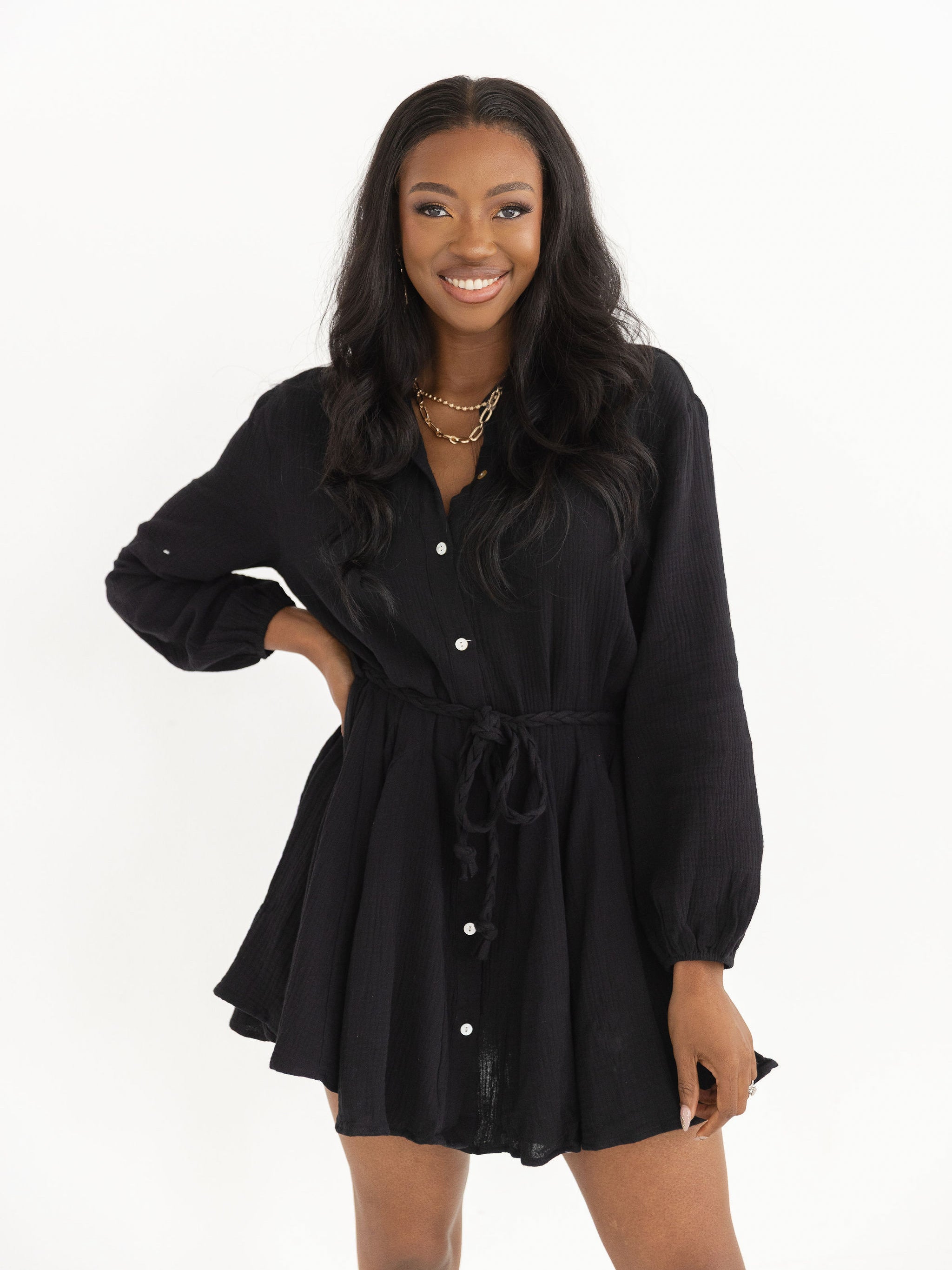 black long sleeve tie waist dress