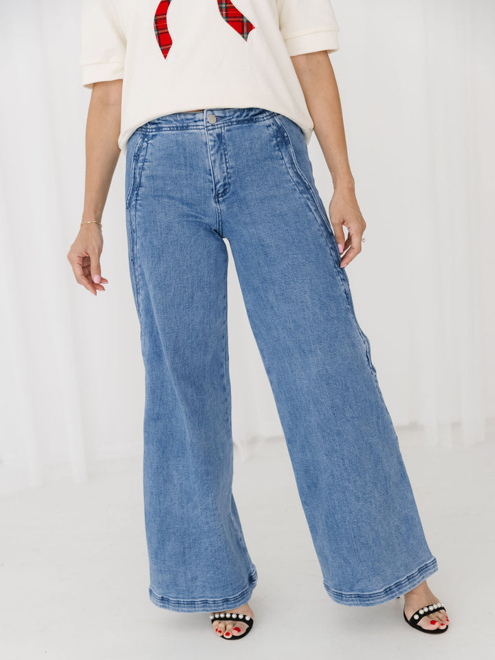 Risen High Rise Wide Leg Jeans with Scalloped Edge