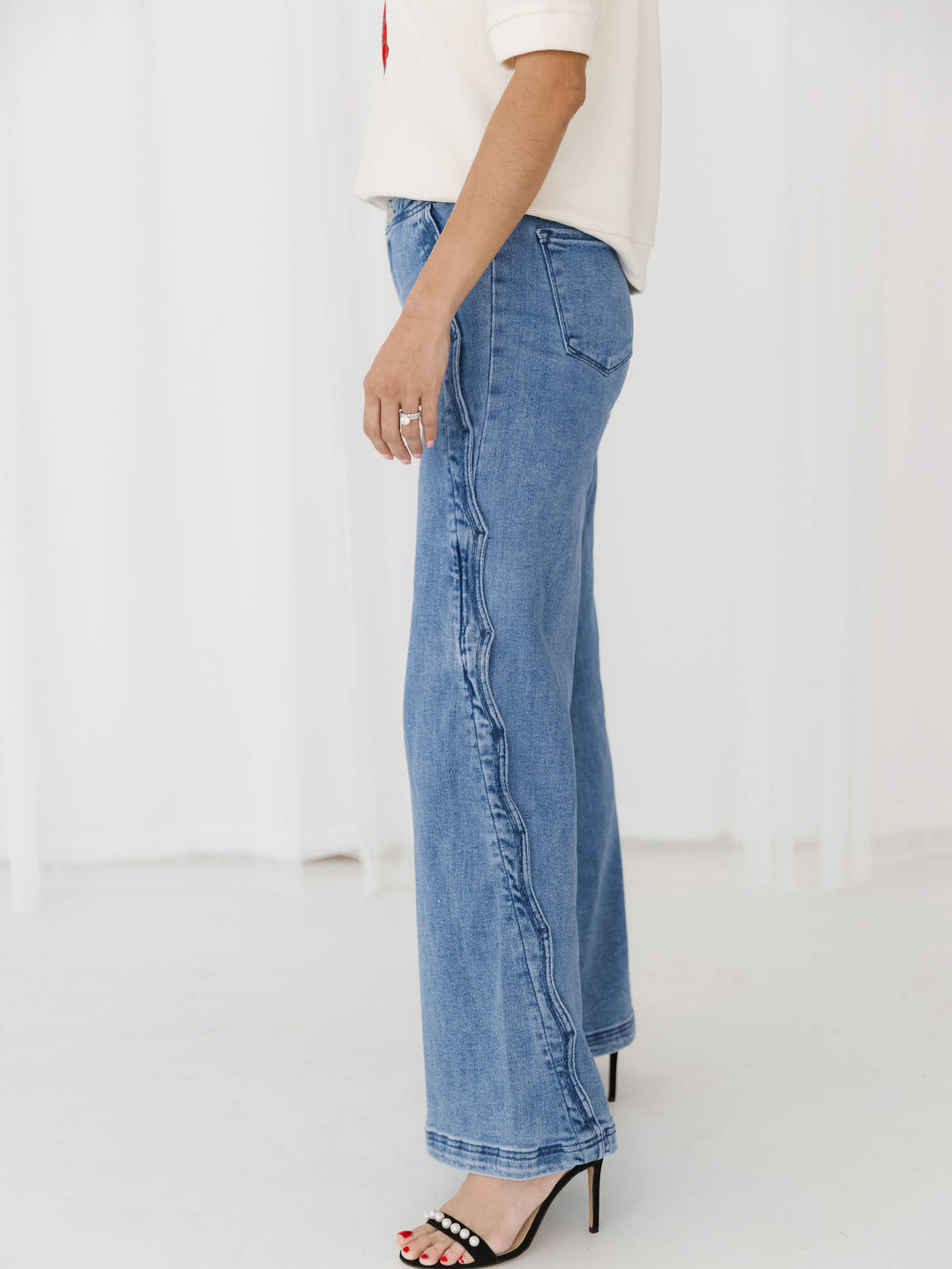Risen High Rise Wide Leg Jeans with Scalloped Edge