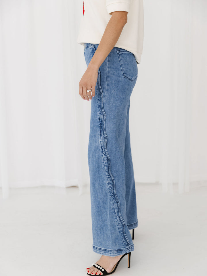 Risen High Rise Wide Leg Jeans with Scalloped Edge