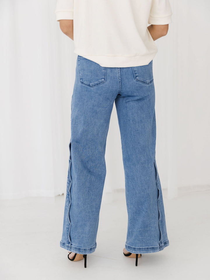 Risen High Rise Wide Leg Jeans with Scalloped Edge