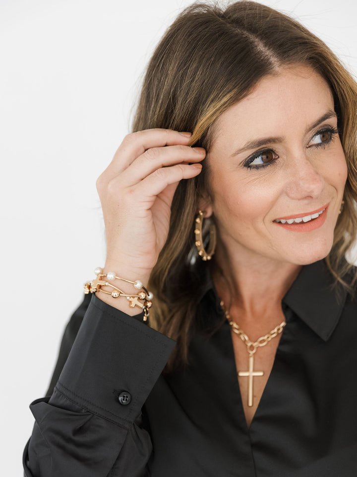 Bead & Pearl Stretch Bracelet with Crosses