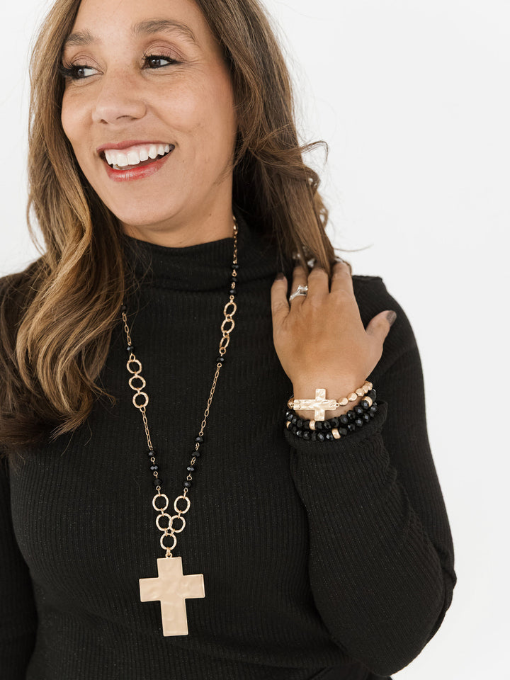 Beaded Long Necklace with Hammered Cross