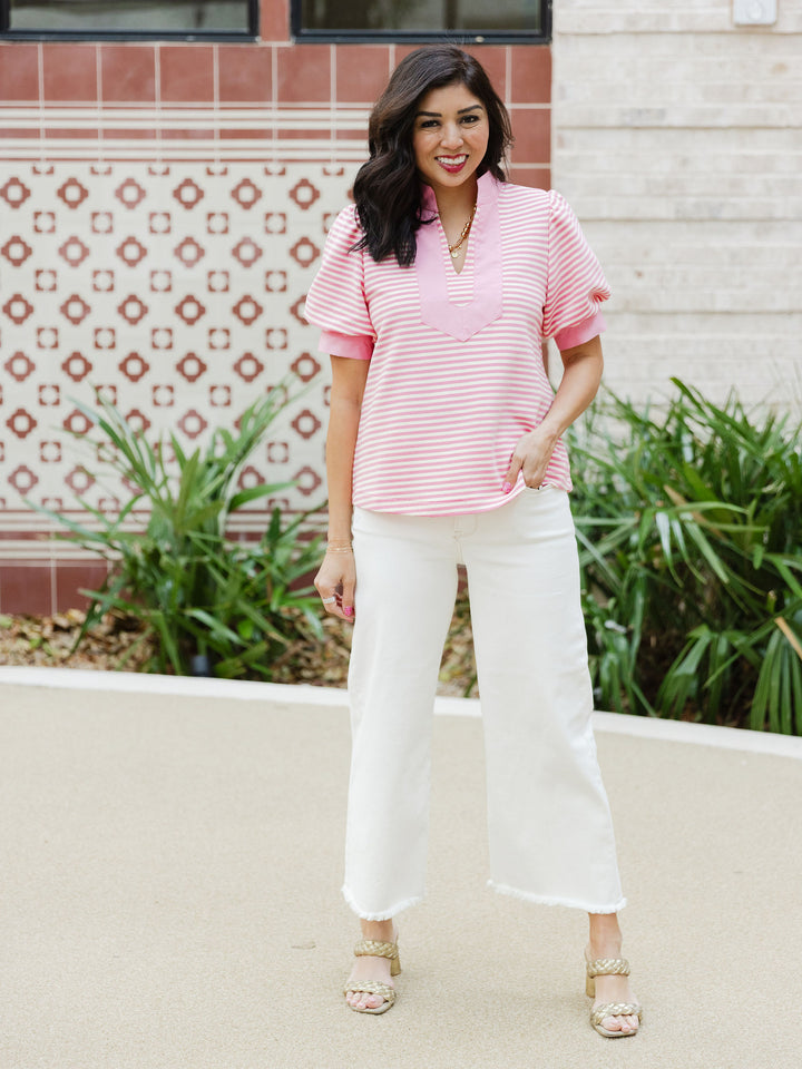 Sweet Stripe V Neck Top