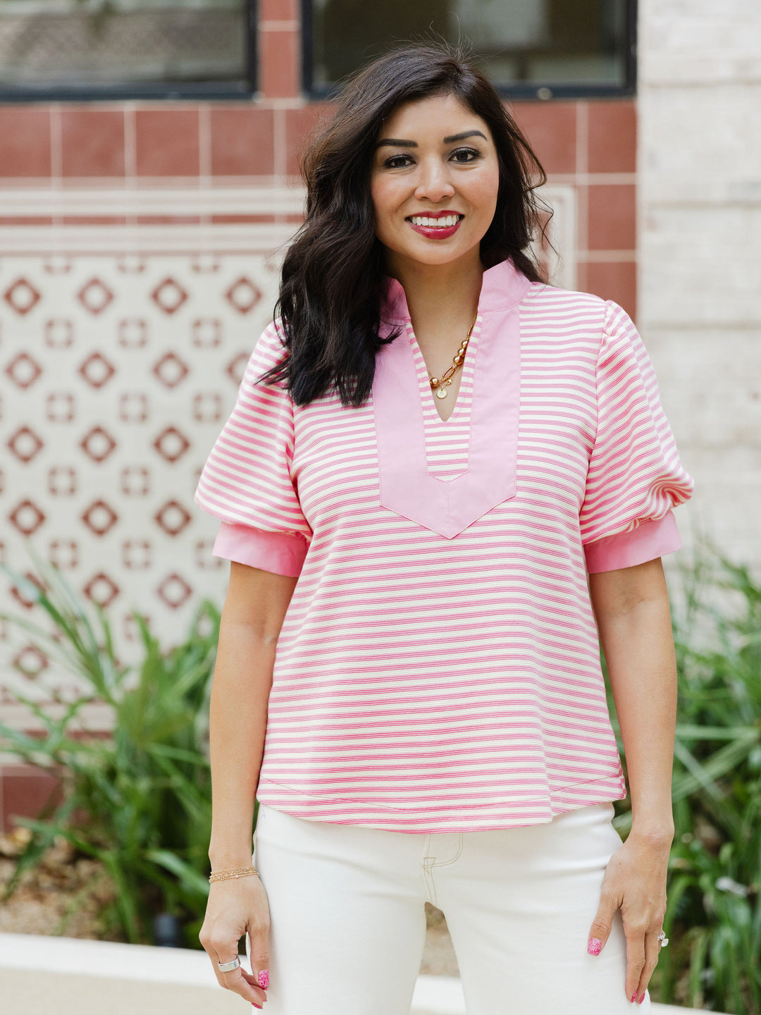 Sweet Stripe V Neck Top