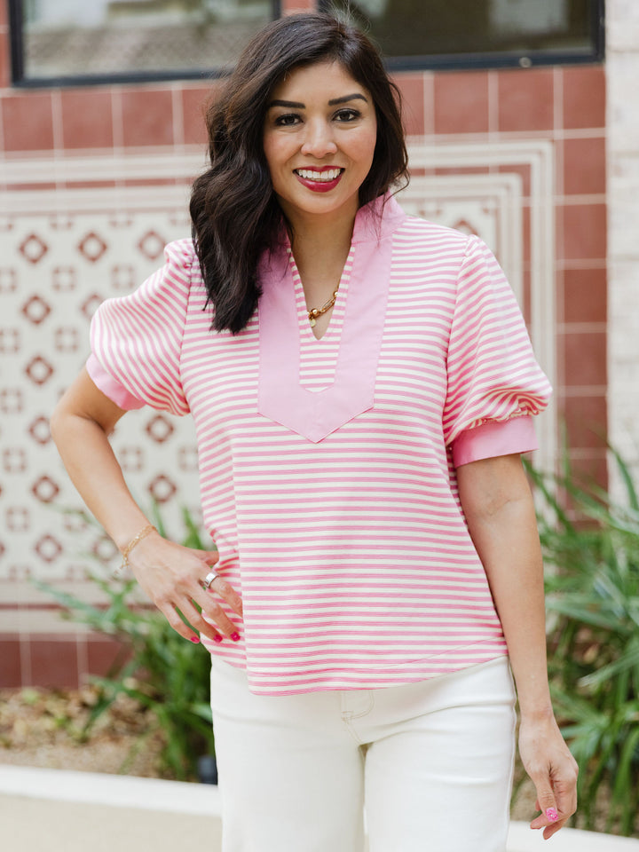 Sweet Stripe V Neck Top