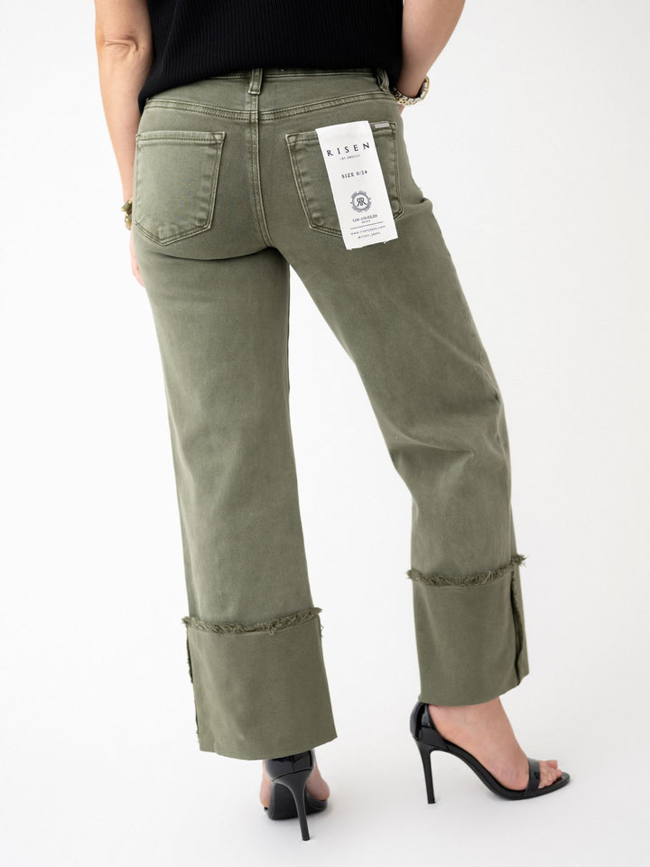 Risen TC Mid Rise Crop Wide Leg Cuffed Pants Olive