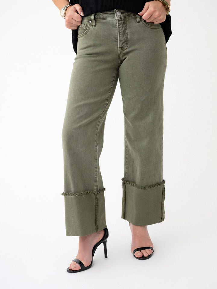 Risen TC Mid Rise Crop Wide Leg Cuffed Pants Olive