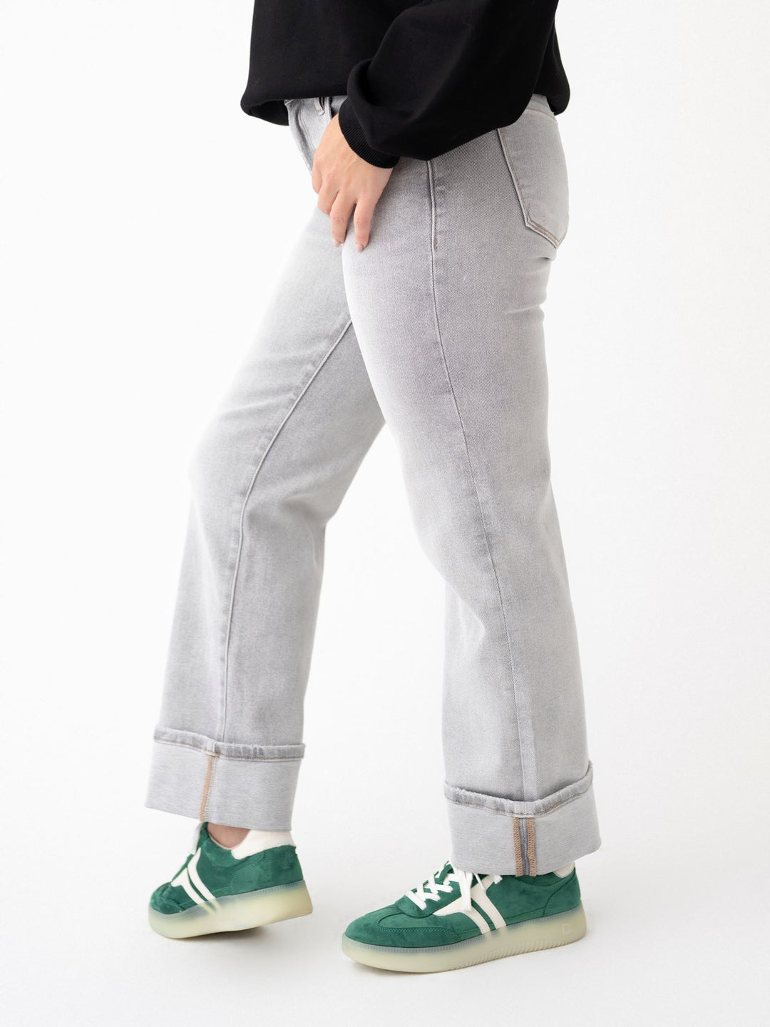 Risen Grey Mid Rise Crop Straight Cuffed Jeans