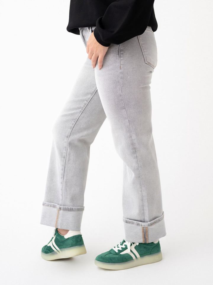 Risen Grey Mid Rise Crop Straight Cuffed Jeans