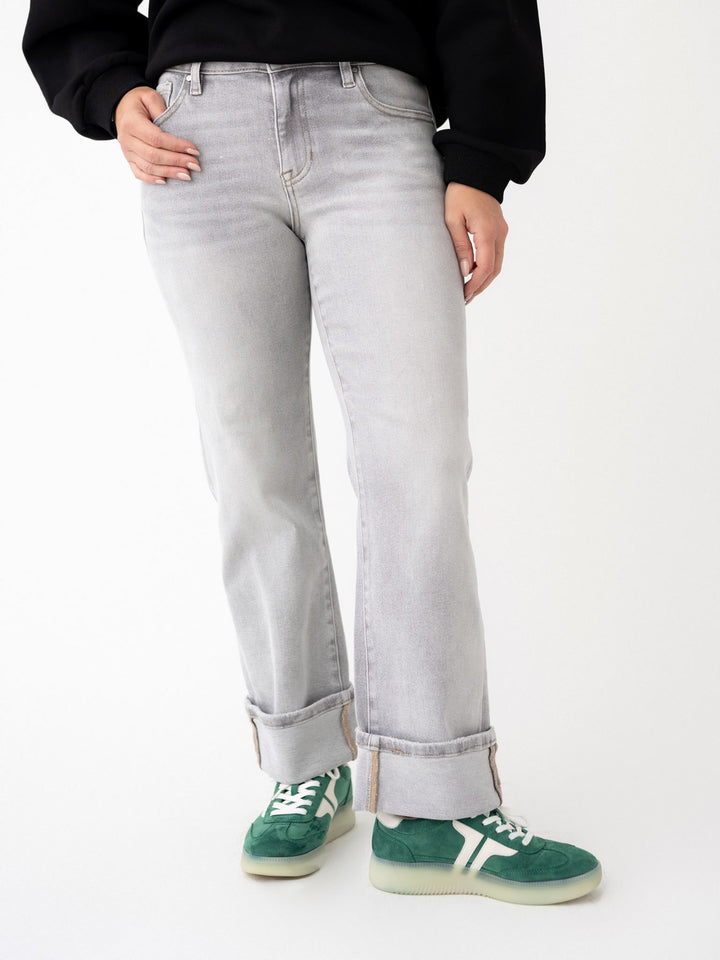 Risen Grey Mid Rise Crop Straight Cuffed Jeans