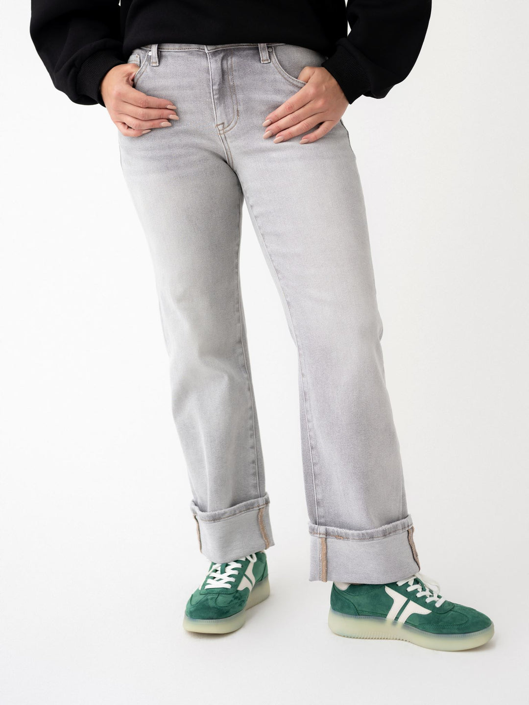 Risen Grey Mid Rise Crop Straight Cuffed Jeans