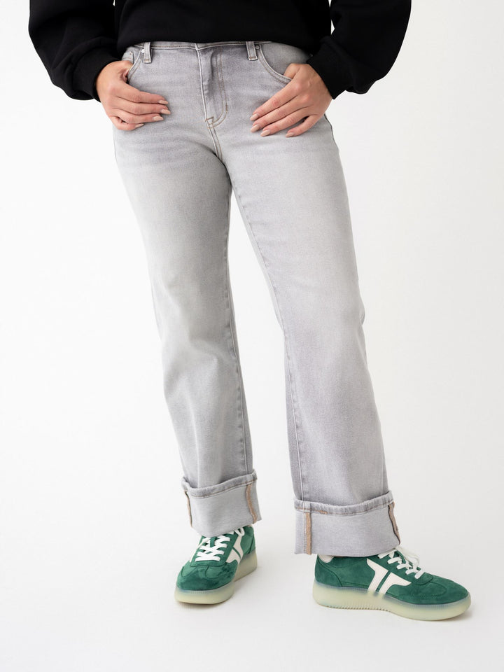 Risen Grey Mid Rise Crop Straight Cuffed Jeans