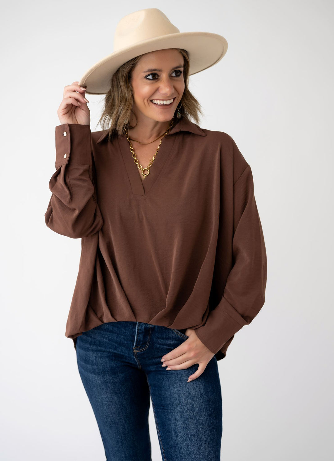 Perfectly Pleated V Neck Blouse