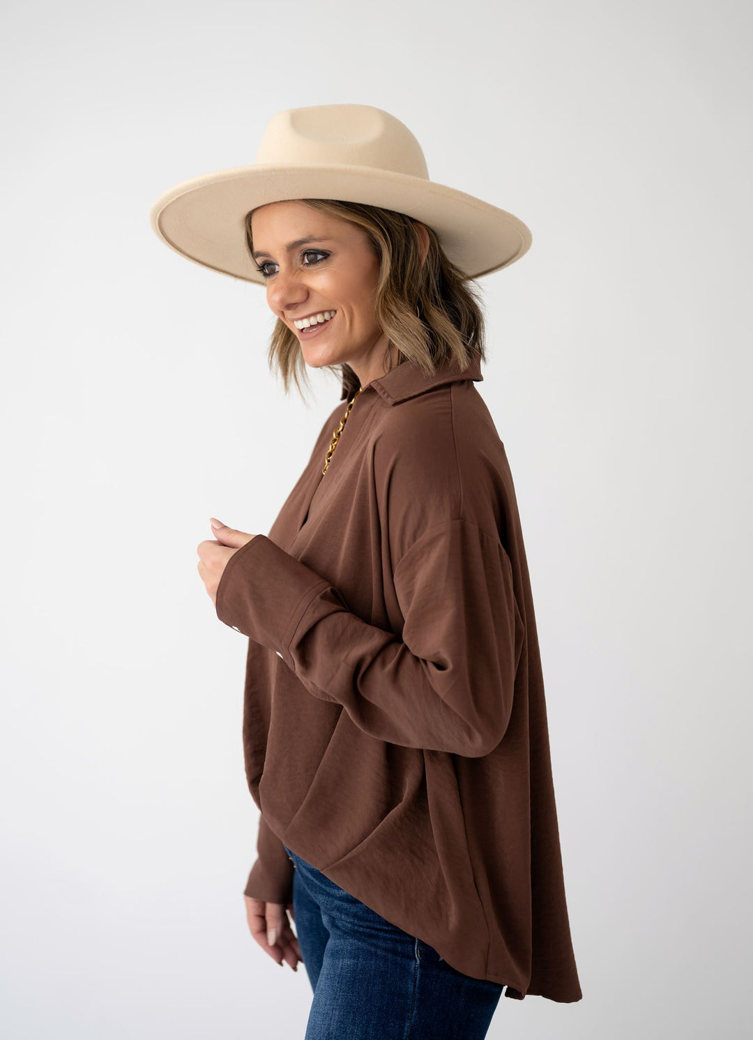 Perfectly Pleated V Neck Blouse