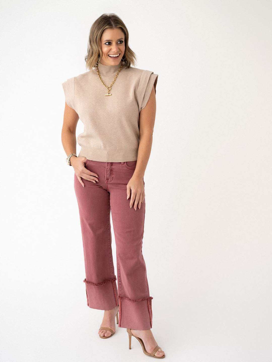 Risen TC Mid Rise Crop Wide Leg Cuffed Pants