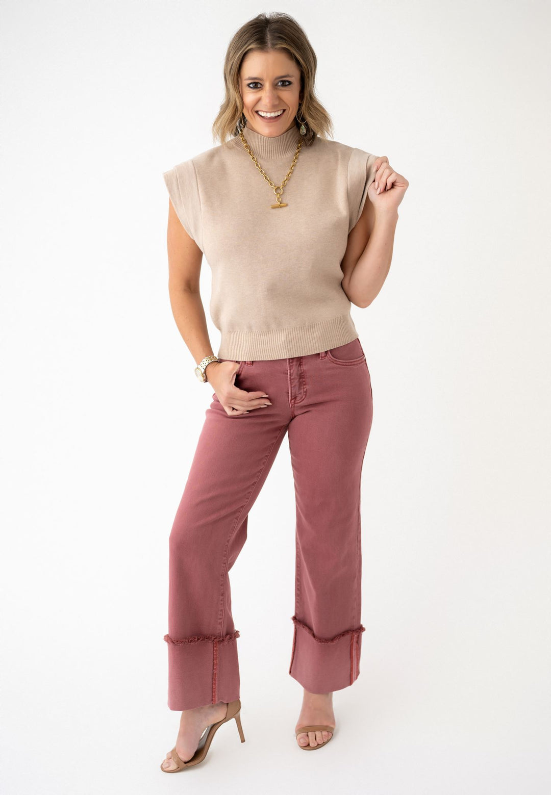 Risen TC Mid Rise Crop Wide Leg Cuffed Pants