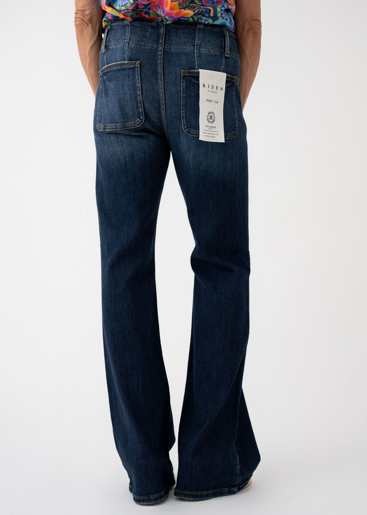 Risen High Rise Flare Jeans with Detail Waistband