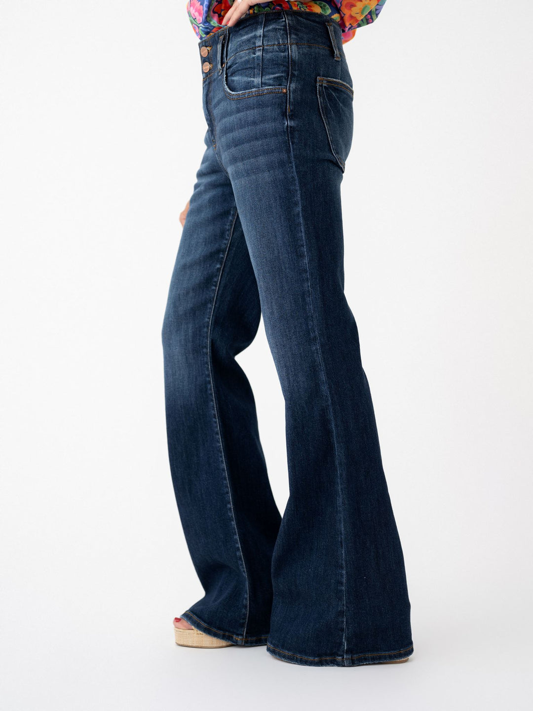 Risen High Rise Flare Jeans with Detail Waistband