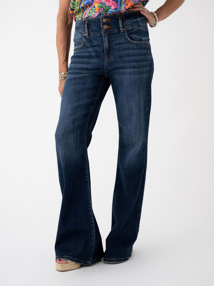 Risen High Rise Flare Jeans with Detail Waistband