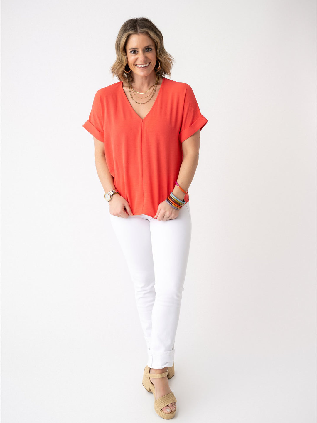 Victoria V Neck Cuffed Sleeve Blouse