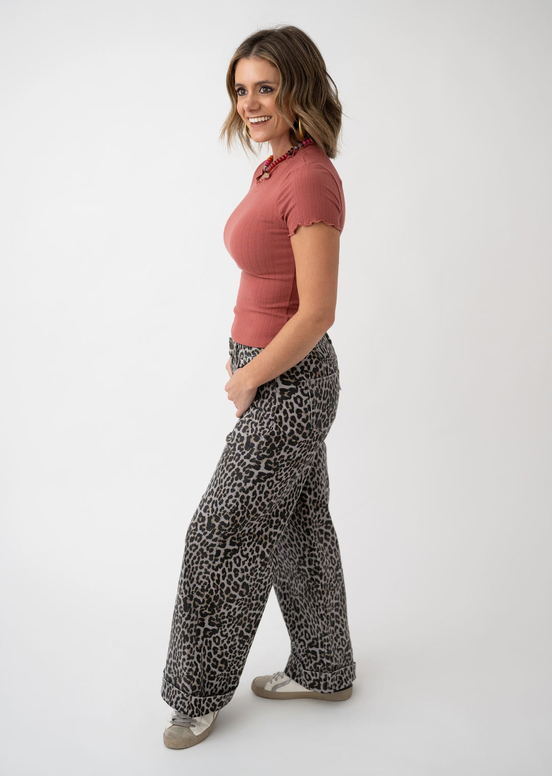 Mica High Rise Wide Leg Cropped Cuff Leopard