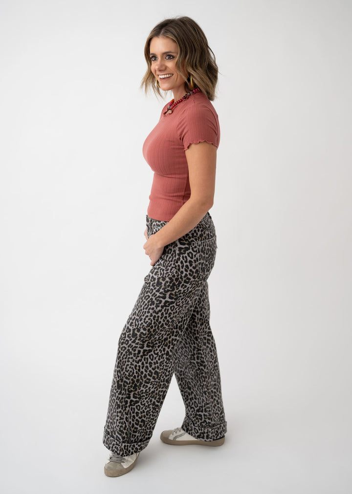 Mica High Rise Wide Leg Cropped Cuff Leopard