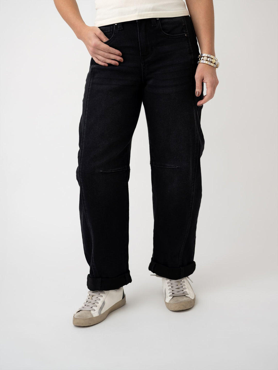 Risen High Rise Crop Barrel Cuffed Jeans - Stretchy