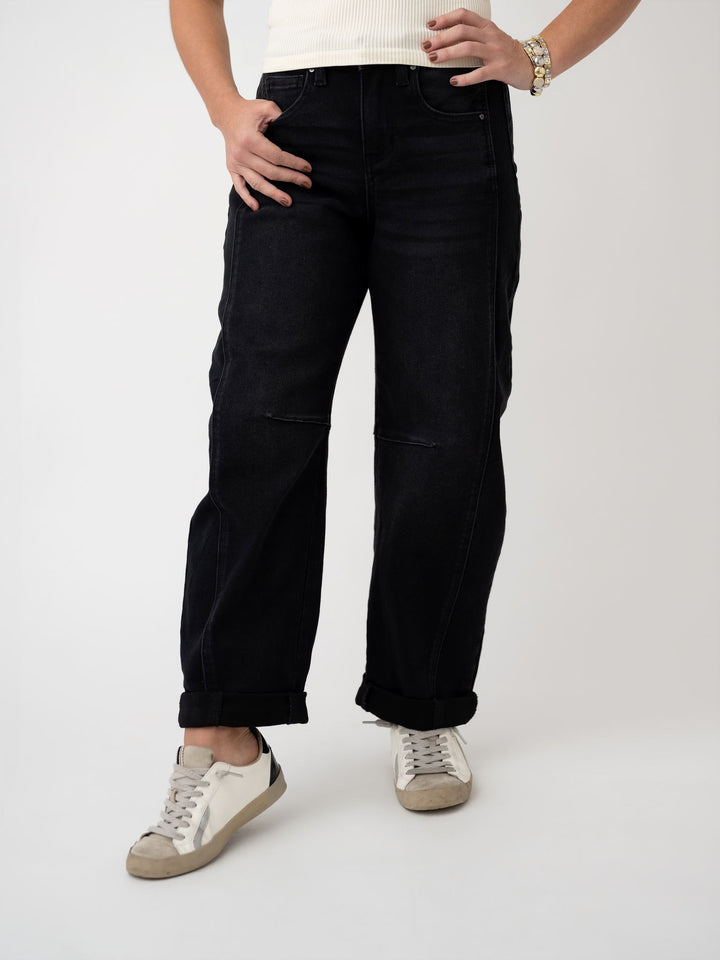 Risen High Rise Crop Barrel Cuffed Jeans - Stretchy