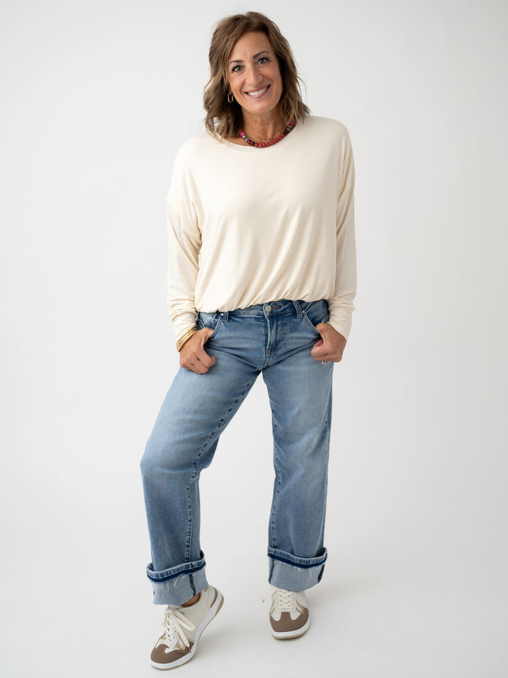Risen Mid Rise Ankle Straight Cuffed Jeans Stretchy