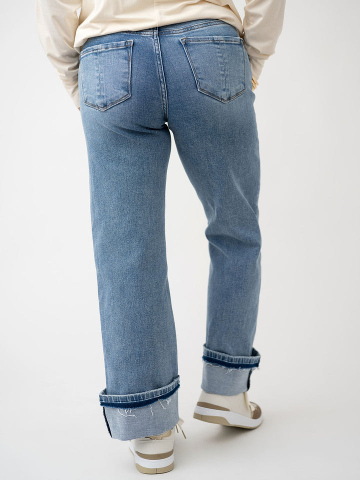 Risen Mid Rise Ankle Straight Cuffed Jeans Stretchy