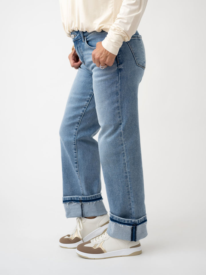 Risen Mid Rise Ankle Straight Cuffed Jeans Stretchy
