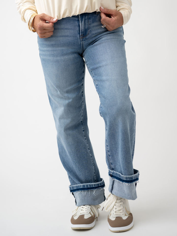 Risen Mid Rise Ankle Straight Cuffed Jeans Stretchy